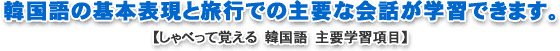 韓国語の基本表現と旅行での主要な会話が学習できます。
